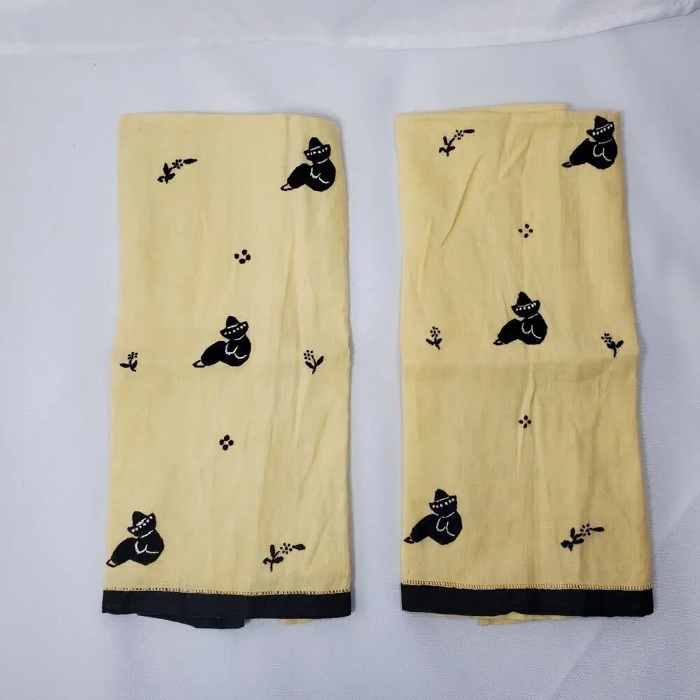 VTG Siesta Hombre Yellow Linen Hand Tea Finger Towels Set Of 2 Mexican Folk Art